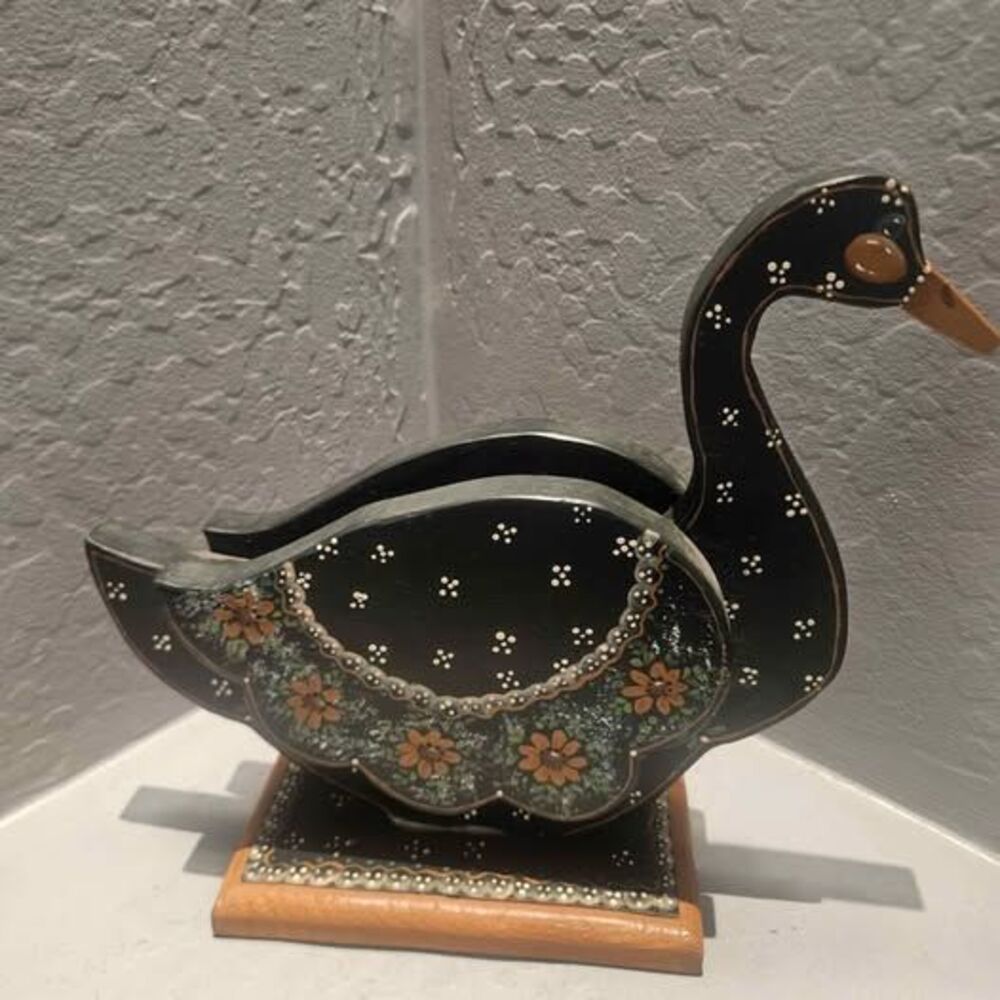 Vintage Hand Painted Wooden Swan Napkin Holder
